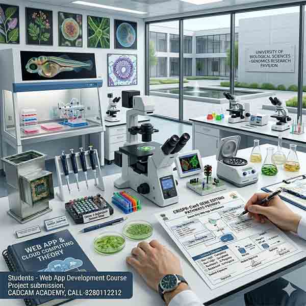 A high-tech biological laboratory scene with a student working on a CRISPR-Cas9 gene editing worksheet, surrounded by microscopes, a laminar flow hood displaying a fish embryo, and a Web App & Cloud Computing textbook, at CADCAM Academy.