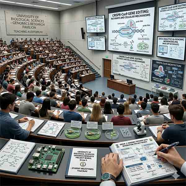 A wide-angle view of a tiered university lecture hall, packed with students attending a comprehensive lecture on CRISPR-Cas9 gene editing pathways and cellular mechanisms, with large screens displaying molecular diagrams.