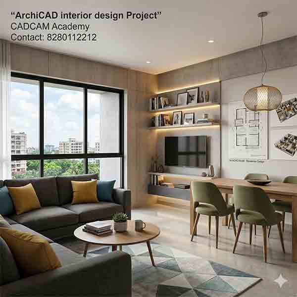 Modern ArchiCAD interior design showing a living and dining area.