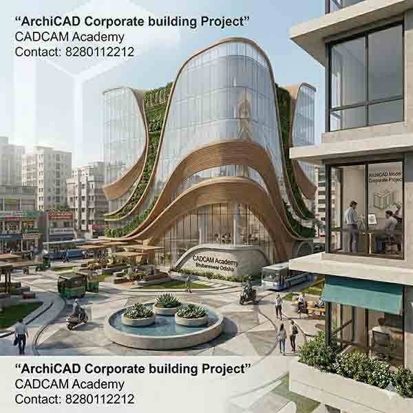 Contemporary glass corporate building in a busy urban environment.