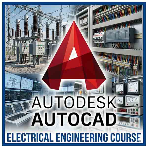 AutoCAD for Electrical course software logo over an engineering collage featuring a power substation, an electrical panel, a grid control room, and test equipment.
