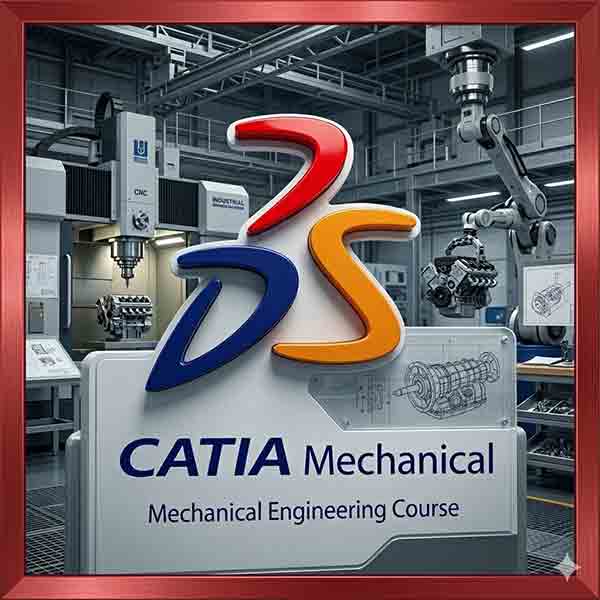 CATIA 3DS software logo integrated into a high-tech industrial factory setting featuring robotic assembly arms and CNC milling machines.