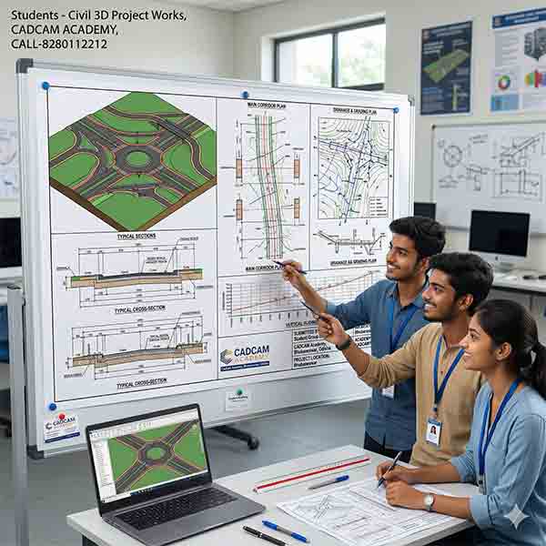 A professional Civil 3D project sheet by CADCAM Academy students featuring road corridor plans, bridge elevations, vertical alignment profiles, and typical cross-sections for urban infrastructure.