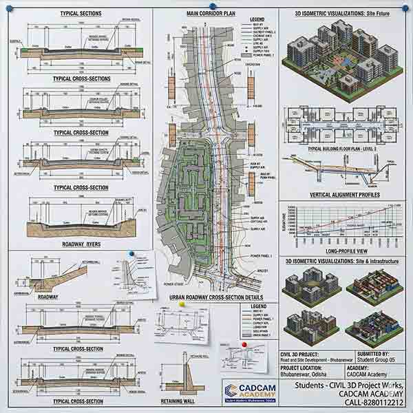 Civil 3D student project sheet showing urban roadway cross-section details, main corridor plans, and 3D isometric visualizations of city infrastructure and site development.