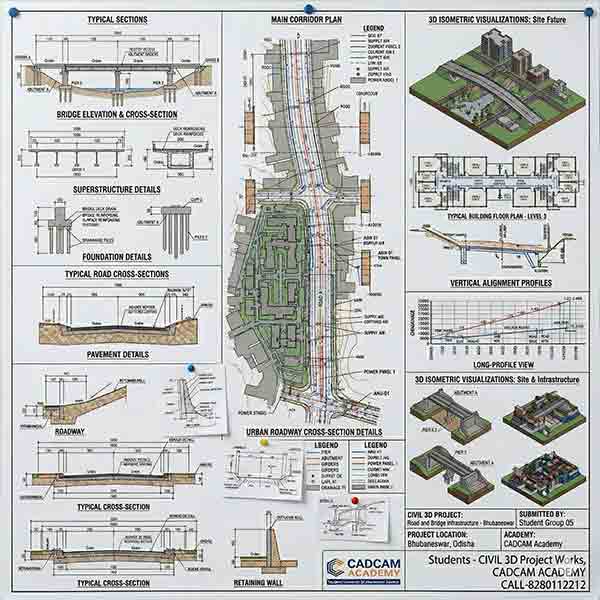 Detailed engineering sheet featuring bridge superstructure details, foundation plans, vertical alignment profiles, and long-profile views created in Civil 3D.