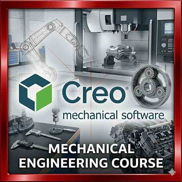 PTC Creo software logo over a professional engineering background featuring high-precision gears, CNC machining, and robotic design elements.