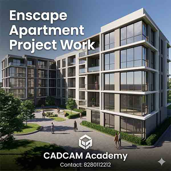 High-rise residential complex Vray render from CADCAM Academy, Bhubaneswar, with central swimming pool and landscaping.