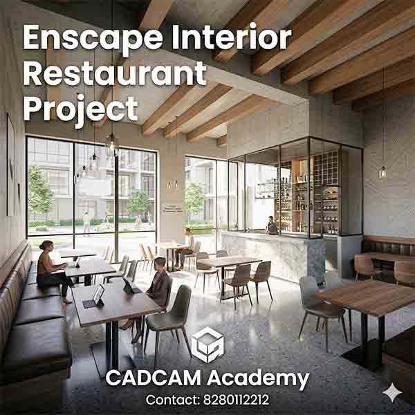 Vray interior render of a multi-story modern office lobby with glass walls, a wooden staircase, and indoor trees, at CADCAM Academy.