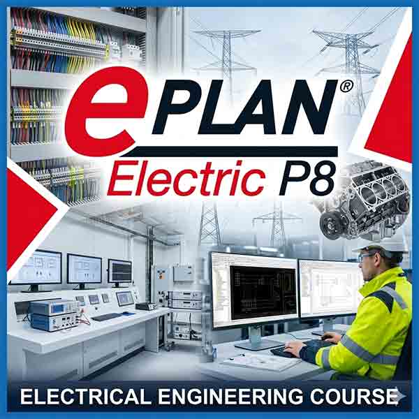 A collage image for an electrical engineering course featuring an engineer, a large control panel, power grid towers, and the EPLAN Electric P8 Course software logo.