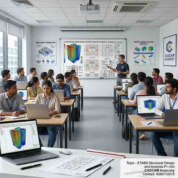 A professional ETABS project sheet featuring 3D stress analysis color contours, shear and moment diagrams, lateral displacement graphs, and column design ratios for a high-rise building by CADCAM Academy students.