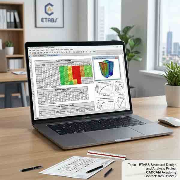 An engineering documentation sheet generated in ETABS, featuring 3D finite element stress analysis contours, P-Delta lateral displacement graphs, and shear/moment diagrams for building frames.