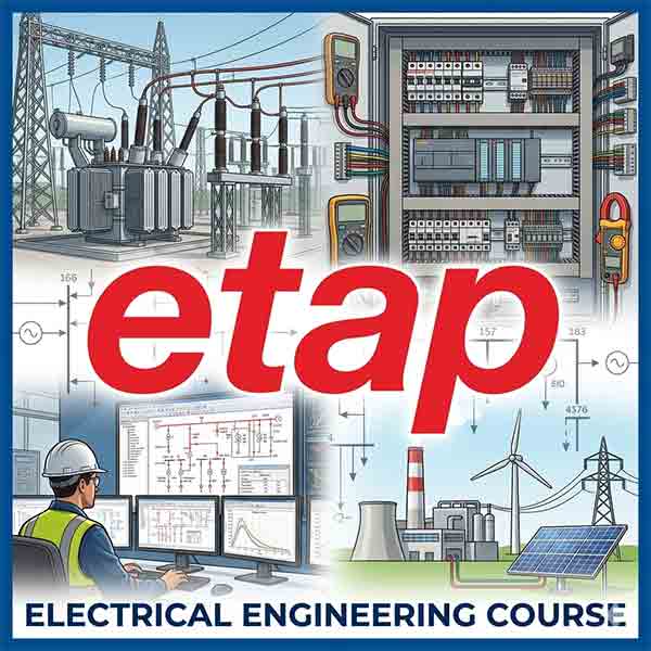 A collage illustration for an electrical engineering course featuring an engineer, a power substation, a control room, and the ETAP for Power System Analysis software logo.