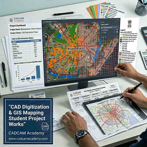 Hands-on CAD digitization for GIS mapping showing the conversion of technical drawings into spatial layers.