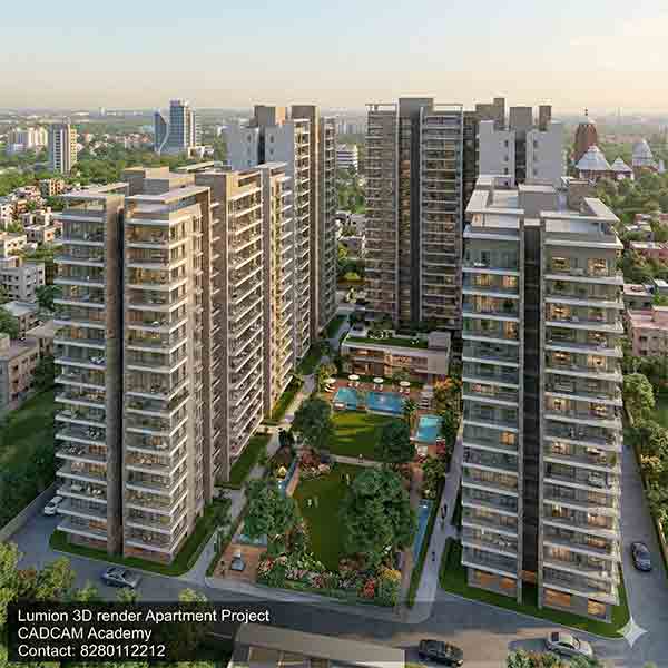 Lumion 3D exterior render of a luxury multi-story apartment complex with a pool and gardens by CADCAM Academy.