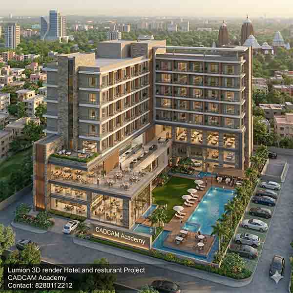 3D Lumion rendering of a modern luxury hotel and restaurant building with outdoor seating and pool in Bhubaneswar.