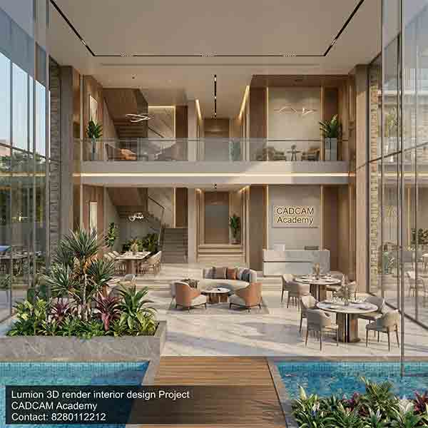 Lumion 3D interior render of a luxury lobby and dining area featuring high ceilings, modern furniture, and indoor greenery.
