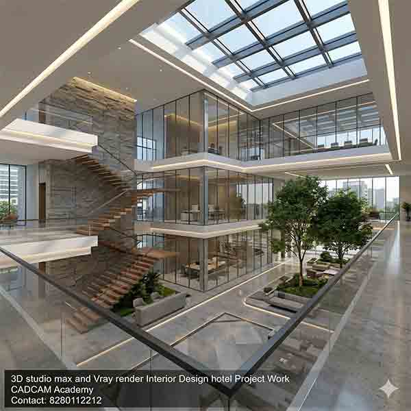 Vray interior render of a multi-story modern office lobby with glass walls, a wooden staircase, and indoor trees, at CADCAM Academy.