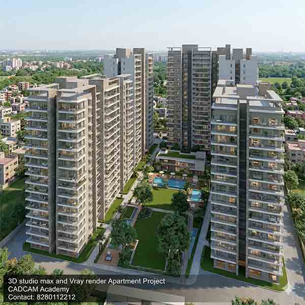 High-rise residential complex Vray render from CADCAM Academy, Bhubaneswar, with central swimming pool and landscaping.