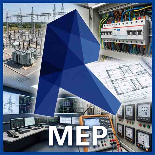 An engineering collage image with a large, faceted Revit logo and "MEP" text over scenes of a power substation, an electrical panel, architectural floor plans, a grid control room, and test equipment.