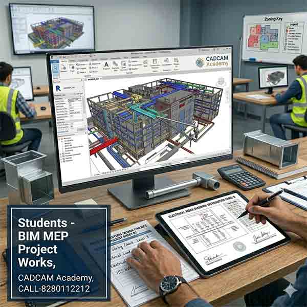 A complex 3D Revit MEP model showing integrated HVAC ducts, plumbing pipes, and electrical trays.