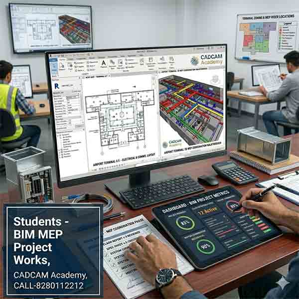 Revit MEP interface showing an airport terminal layout with coordinated mechanical and electrical services.
