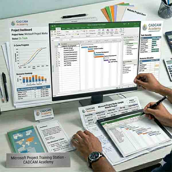 A collage showing Microsoft Project being used in office, shipping, construction, and oil & gas environments.