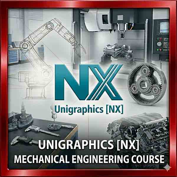 Unigraphics [NX] software logo prominently displayed over a technical collage featuring a robotic arm, turbine gears, engine components, and measurement tools.
