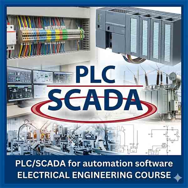 An engineering collage image with a large PLC SCADA for Automation logo over scenes of a control room, a PLC rack, a power substation, robotic arms, and circuit diagrams.