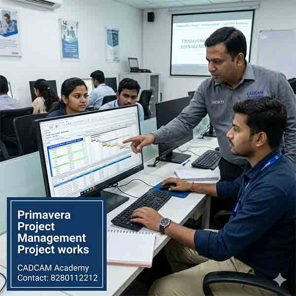 Faculty guiding students on Primavera Project Management software at CADCAM Academy Bhubaneswar.