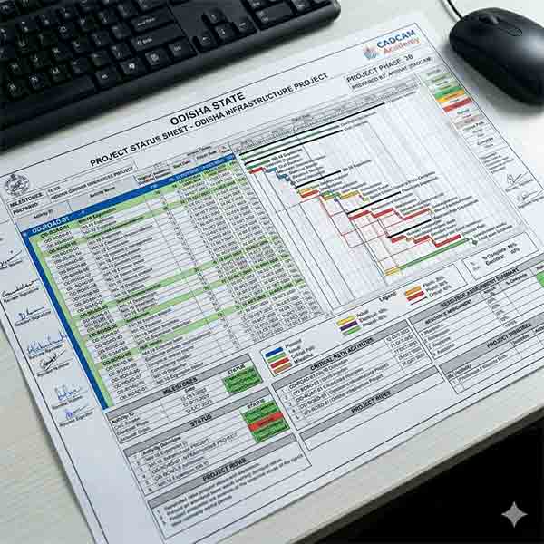 A detailed Primavera P6 project status report for an Odisha State infrastructure project.
