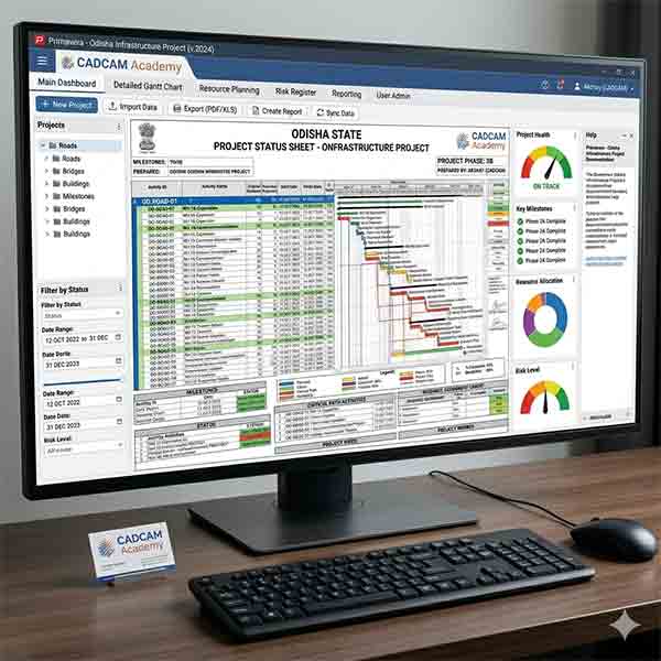 Primavera P6 dashboard on a monitor featuring Odisha Infrastructure Project data.