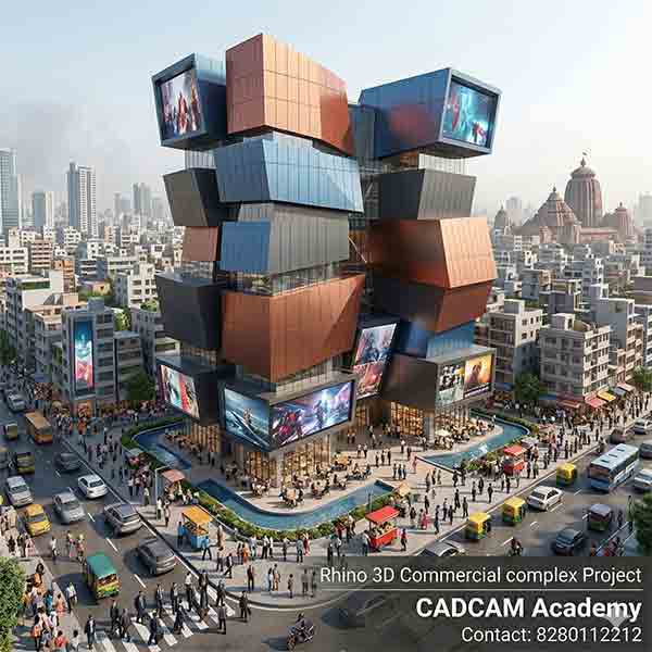 A modern commercial complex featuring modular block architecture and large digital screens in a busy urban setting.