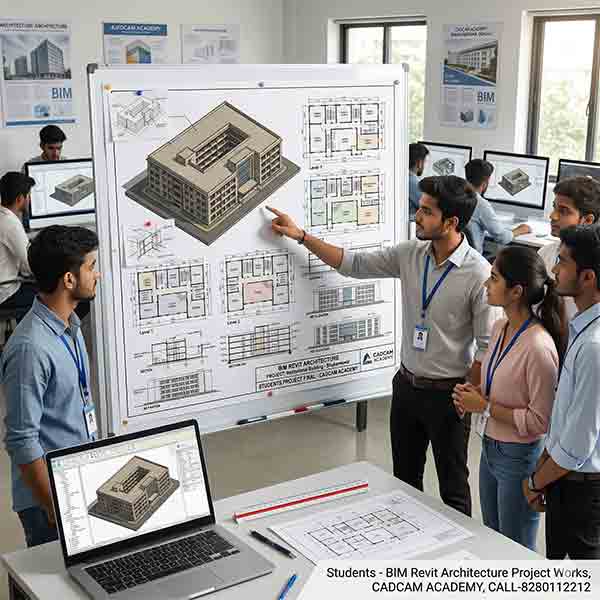 A high-clarity BIM Revit Architecture project sheet featuring 3D rendered views of a residential duplex, detailed floor plans, elevations, and building sections by CADCAM Academy students.