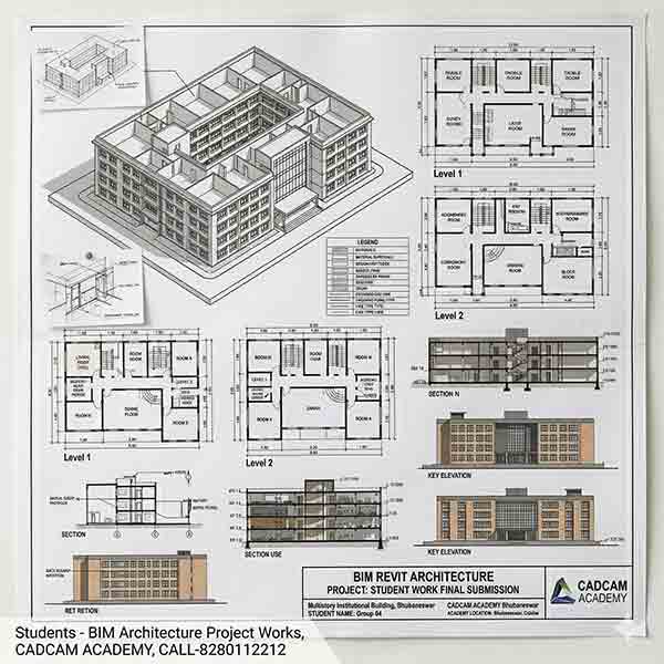 Comprehensive Revit Architecture project sheet showing multistory building sections, detailed legends, key elevations, and high-quality 3D render views for student portfolios.