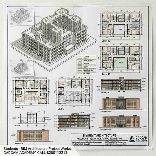 Professional architectural project submission sheet featuring high-rise building floor plans, cross-sections, 3D perspective renders, and technical legends by Revit students.