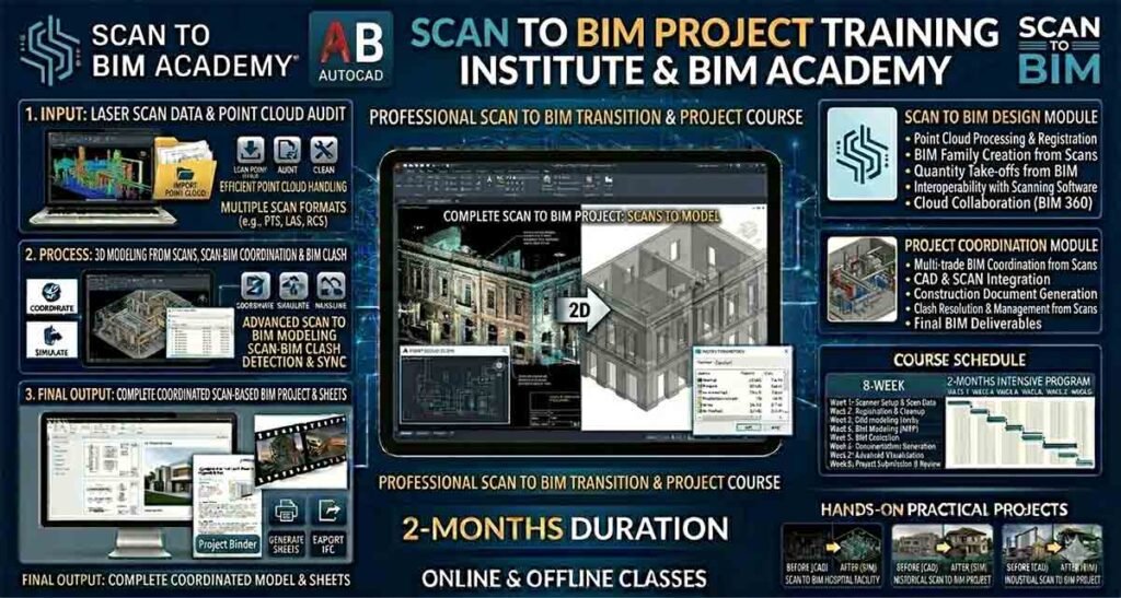 Scan to BIM Modeling Course training infographic showing laser scan data, point cloud processing, and 2-month course details.