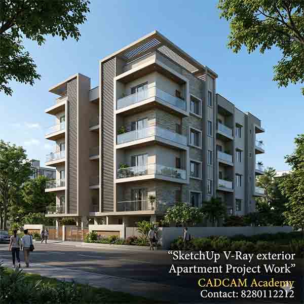 A high-quality 3D architectural render of a modern multi-story apartment building with realistic lighting and text overlay for CADCAM Academy.