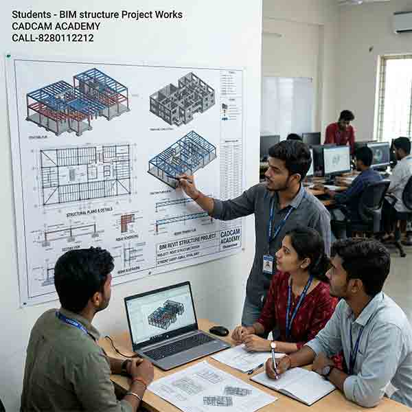 A professional BIM Revit Structure project sheet showcasing technical drawings, isometric structural framing of a high-rise tower, and detailed rebar schedules by students at CADCAM Academy, Bhubaneswar.