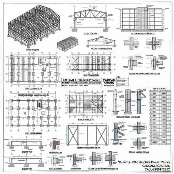 Revit Structure project sheet of an industrial steel facility featuring truss details, foundation plans, and 3D structural frame views from CADCAM Academy students.