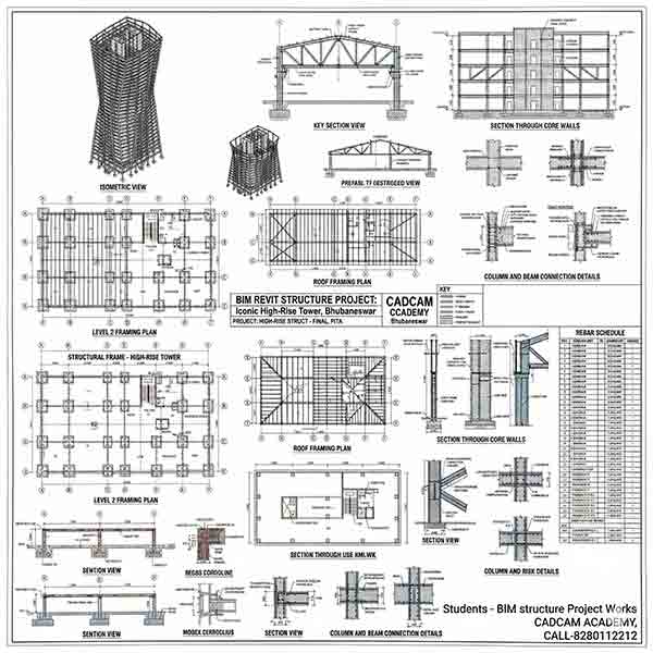 Professional BIM project sheet showing Level 2 framing plans, column-beam connection details, and core wall sections for an institutional building.