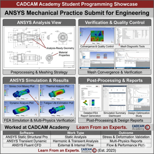 Ansys student practice sheet showing finite element meshing, boundary conditions, and static structural setup at CADCAM Academy.