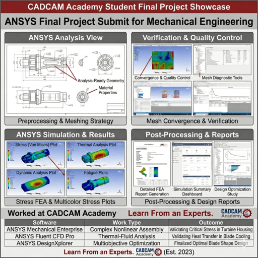 Ansys final project submission featuring complex assembly simulation, non-linear analysis, and safety factor validation by a CADCAM Academy student.