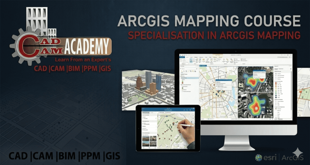 Professional web banner with a sleek dark background for CADCAM Academy’s ArcGIS Mapping Course. It features the institute's logo alongside an Apple iMac displaying real-time geographic heatmaps and demographic data, accompanied by a tablet showing hand-drawn geospatial pathing.