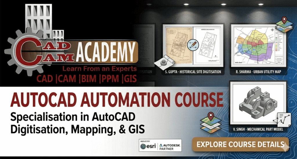 Professional 1200x650 web banner for CADCAM Academy's AutoCAD Digitisation and gis mapping Course. The left side displays the institute logo and course specialisations in Digitisation, Mapping, and GIS. The right side features a gallery wall showcasing framed real student works, including historical site digitisation by S. Gupta, an urban utility map by R. Sharma, and a 3D mechanical part model