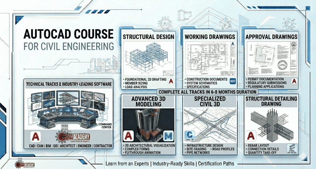 AutoCAD Civil Engineering banner by CADCAM Academy showcasing structural design, working drawings, approval plans, 3D modeling, and Civil 3D infrastructure projects.