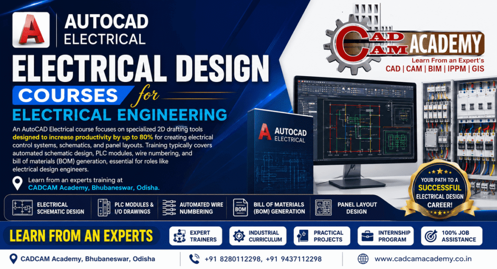 AutoCAD Electrical design course banner by CADCAM Academy Bhubaneswar showing schematic design, PLC I/O drawings, panel layout, and expert training for electrical engineering students.