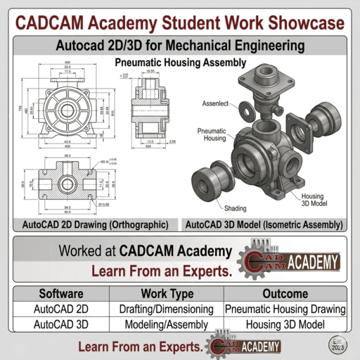AutoCAD 2D mechanical engineering student work featuring orthographic projections and GD&T symbols from CADCAM Academy.