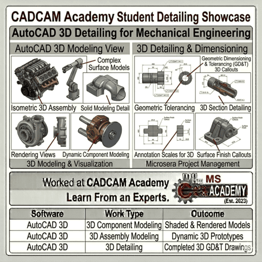 Professional AutoCAD student work showcase at CADCAM Academy featuring 2D and 3D mechanical engineering projects.