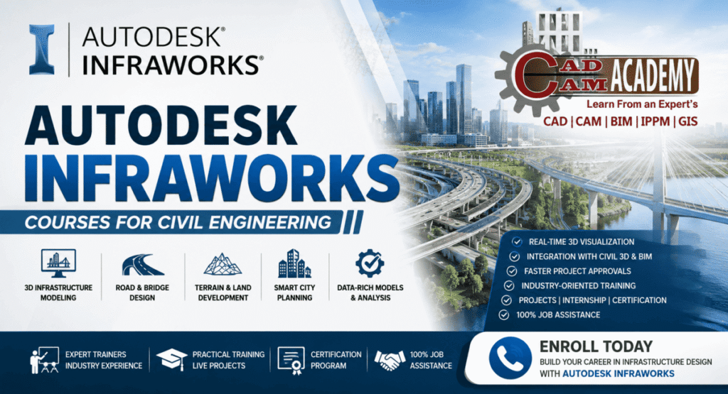Professional Autodesk InfraWorks course banner by CADCAM Academy highlighting 3D conceptual design, land modeling, road and bridge design, and data integration with Civil 3D.