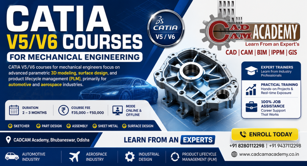 CATIA V5/V6 courses for Mechanical Engineering banner at CADCAM Academy Bhubaneswar highlighting 3D modeling, surface design, PLM, job assistance, and expert training.